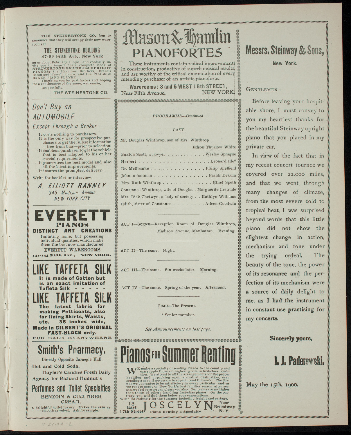 American Academy of the Dramatic Arts Private Dress Rehearsal, April 21, 1902, program page 3