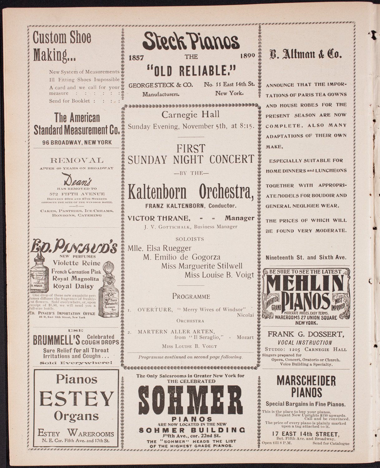 Kaltenborn Orchestra, November 5, 1899, program page 4