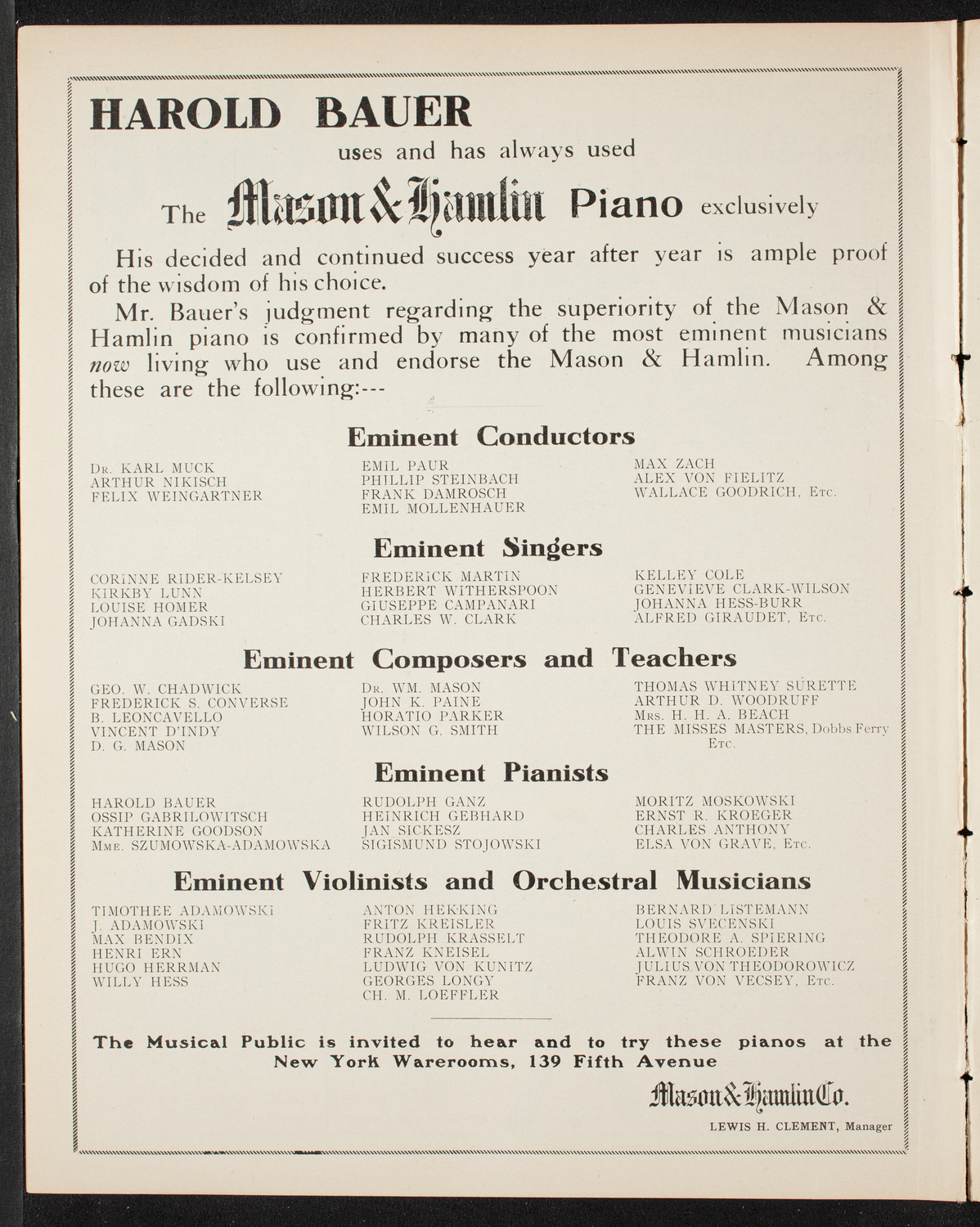 Harold Bauer, Piano, April 21, 1908, program page 10