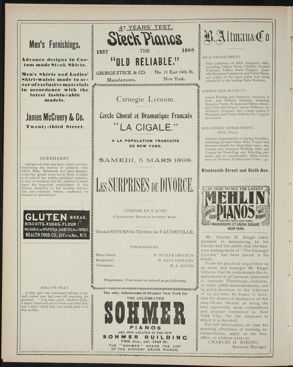 Cercle Choral et Dramatique Francais "La Cigale", March 5, 1898, program page 4