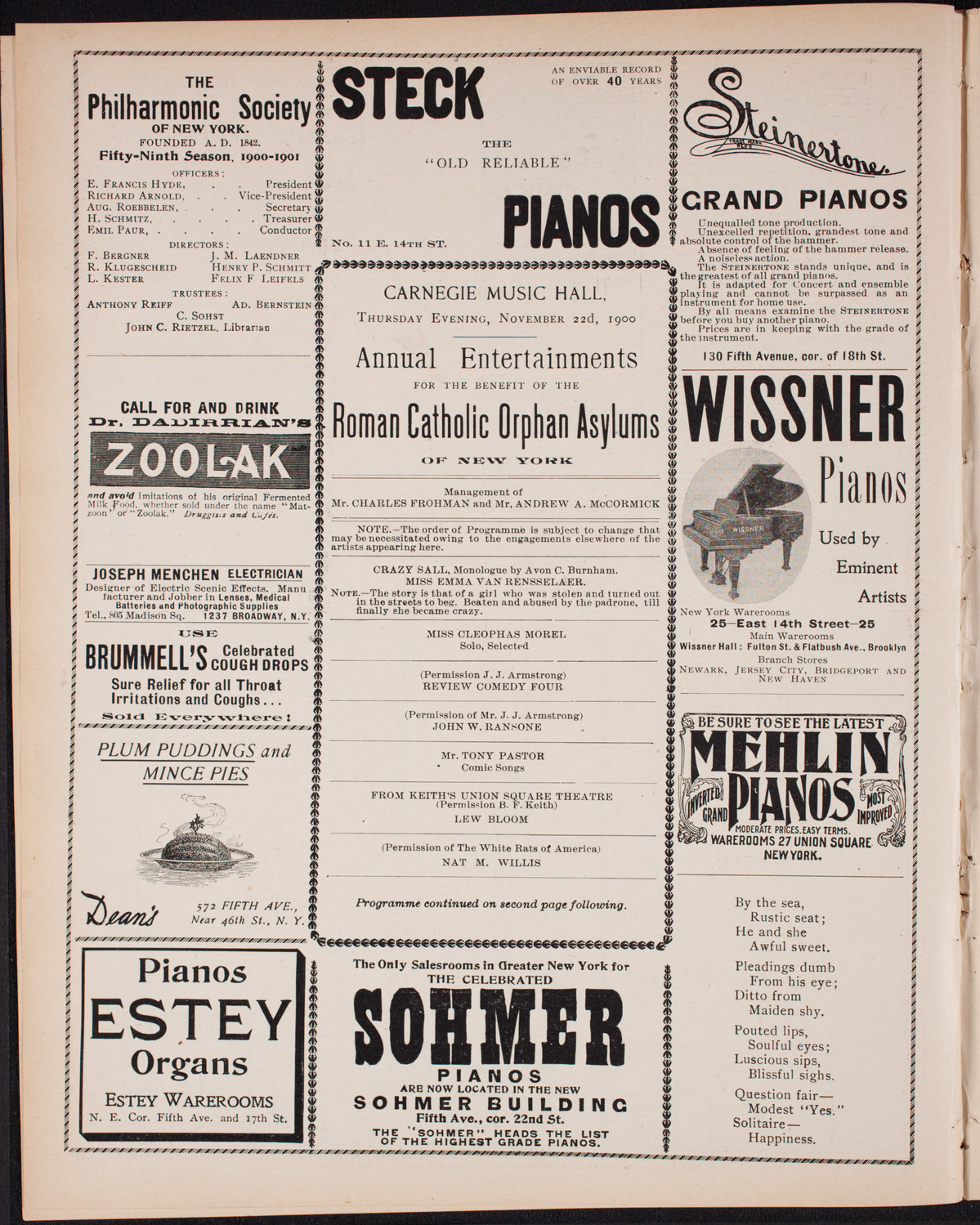 Benefit: Roman Catholic Orphan Asylums, November 22, 1900, program page 4