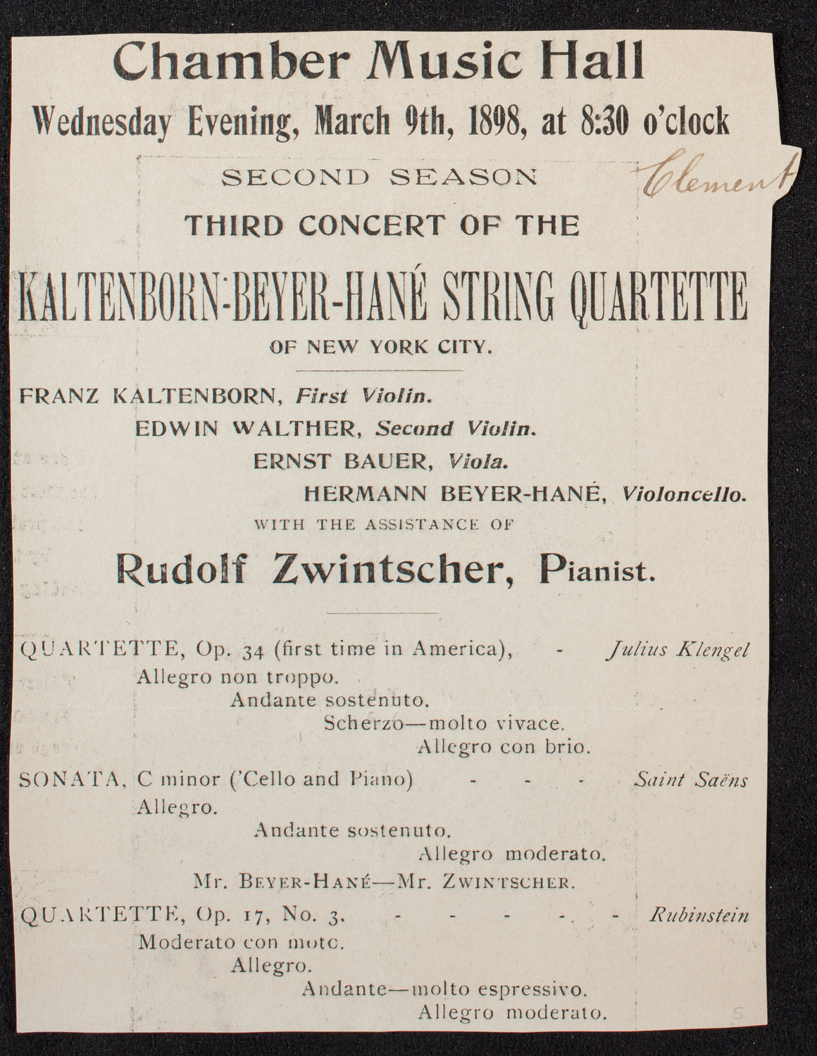 Kaltenborn-Beyer-Hane String Quartet, March 9, 1898, program page 1