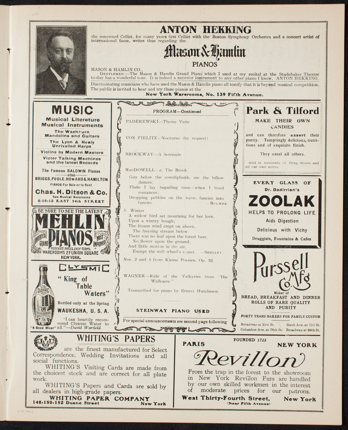 Fannie Bloomfield Zeisler, Piano, February 12, 1908, program page 7