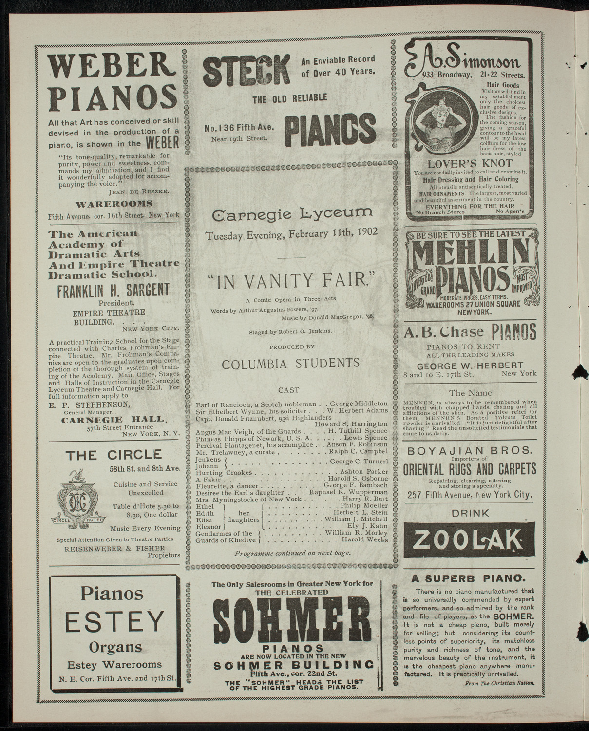 Columbia University Varsity Show, February 11, 1902, program page 2