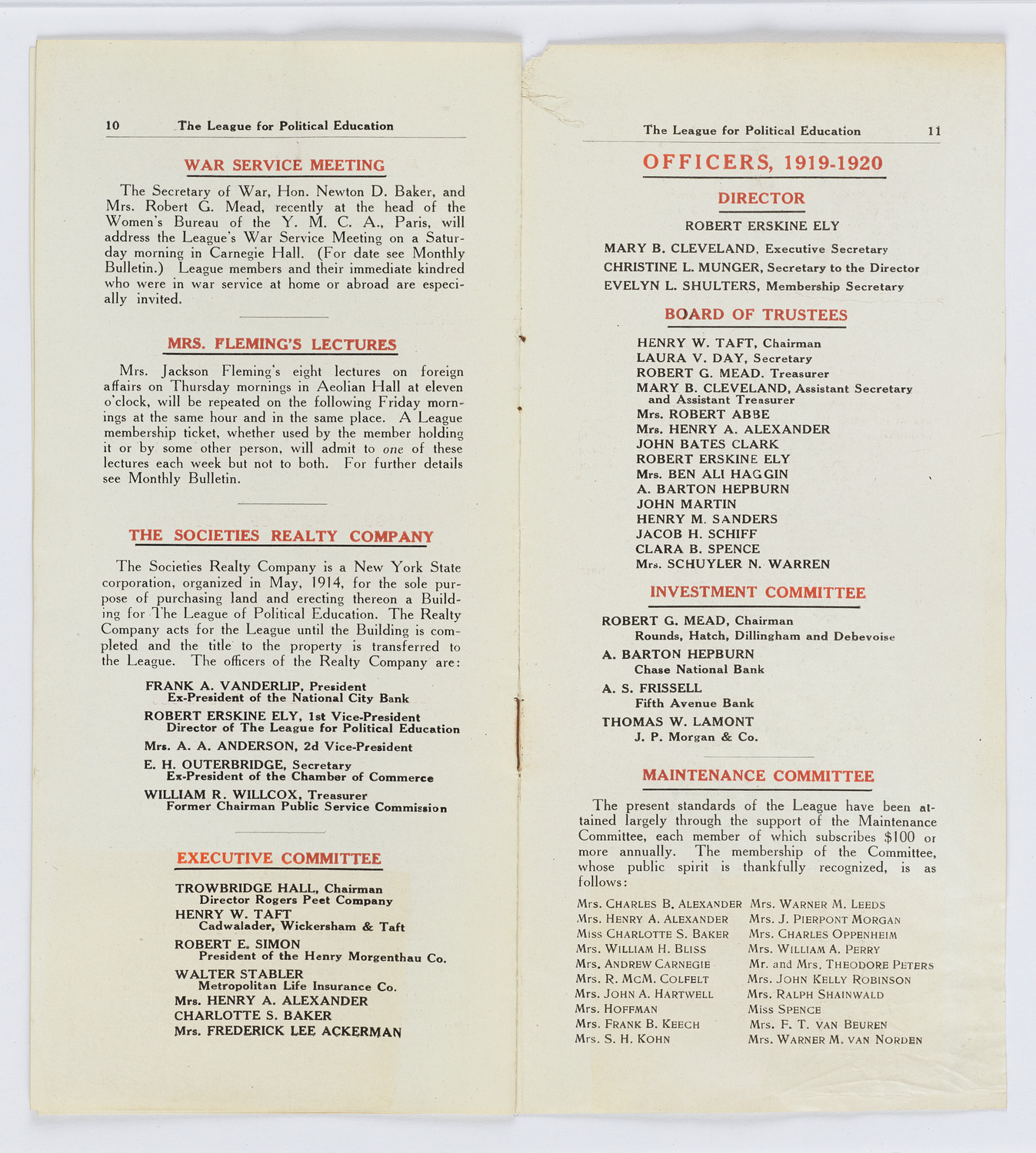 The League for Political Education, Program of Lectures, December 5, 1919