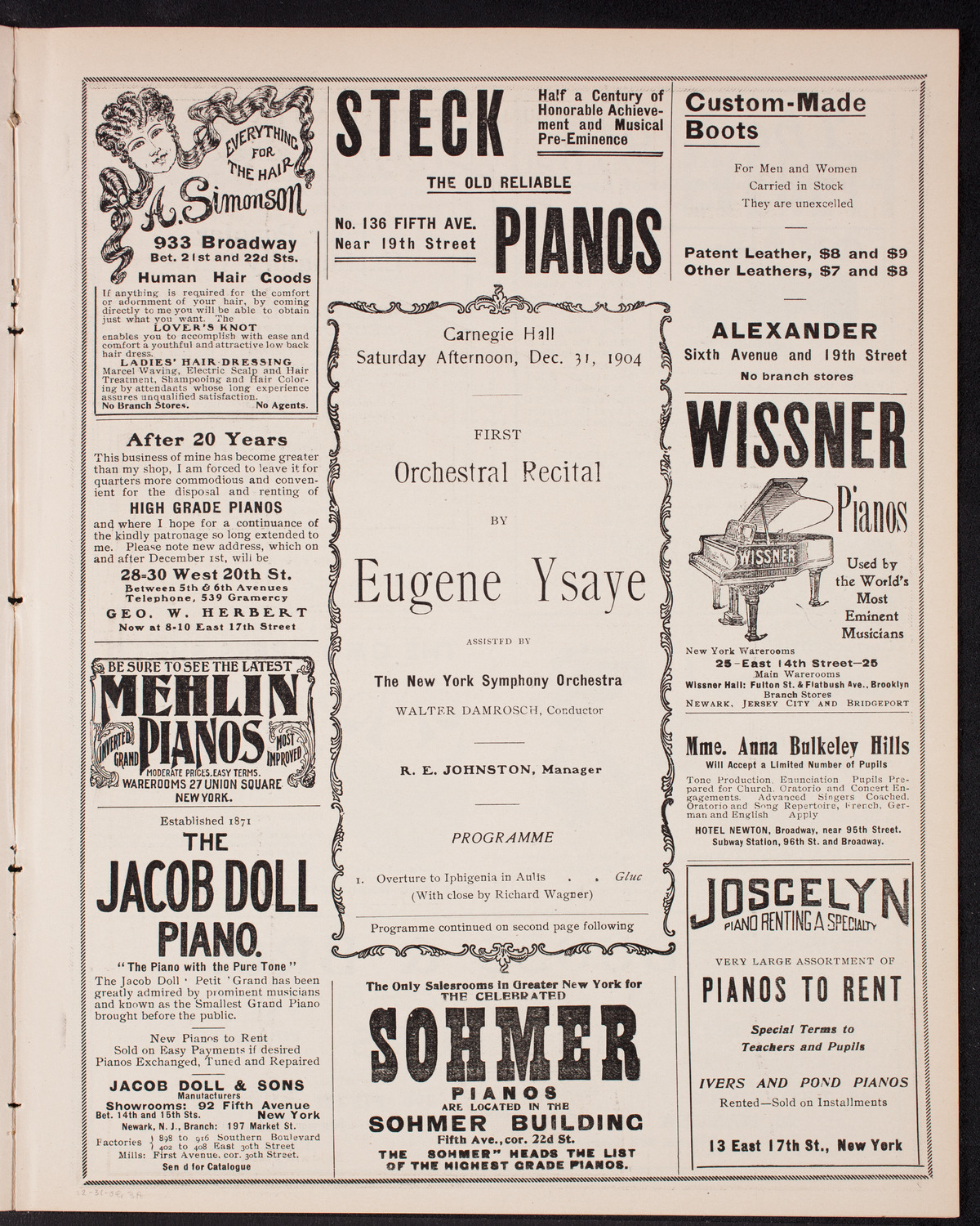 Eugène Ysaÿe, Violin, with the New York Symphony Orchestra, December 31, 1904, program page 5
