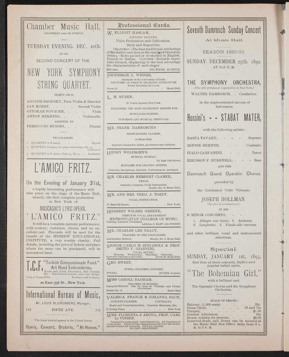 Damrosch Sunday Concert, December 18, 1892, program page 2