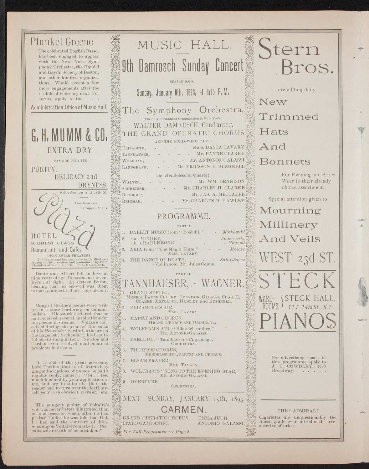 Damrosch Sunday Concert, January 8, 1893, program page 4