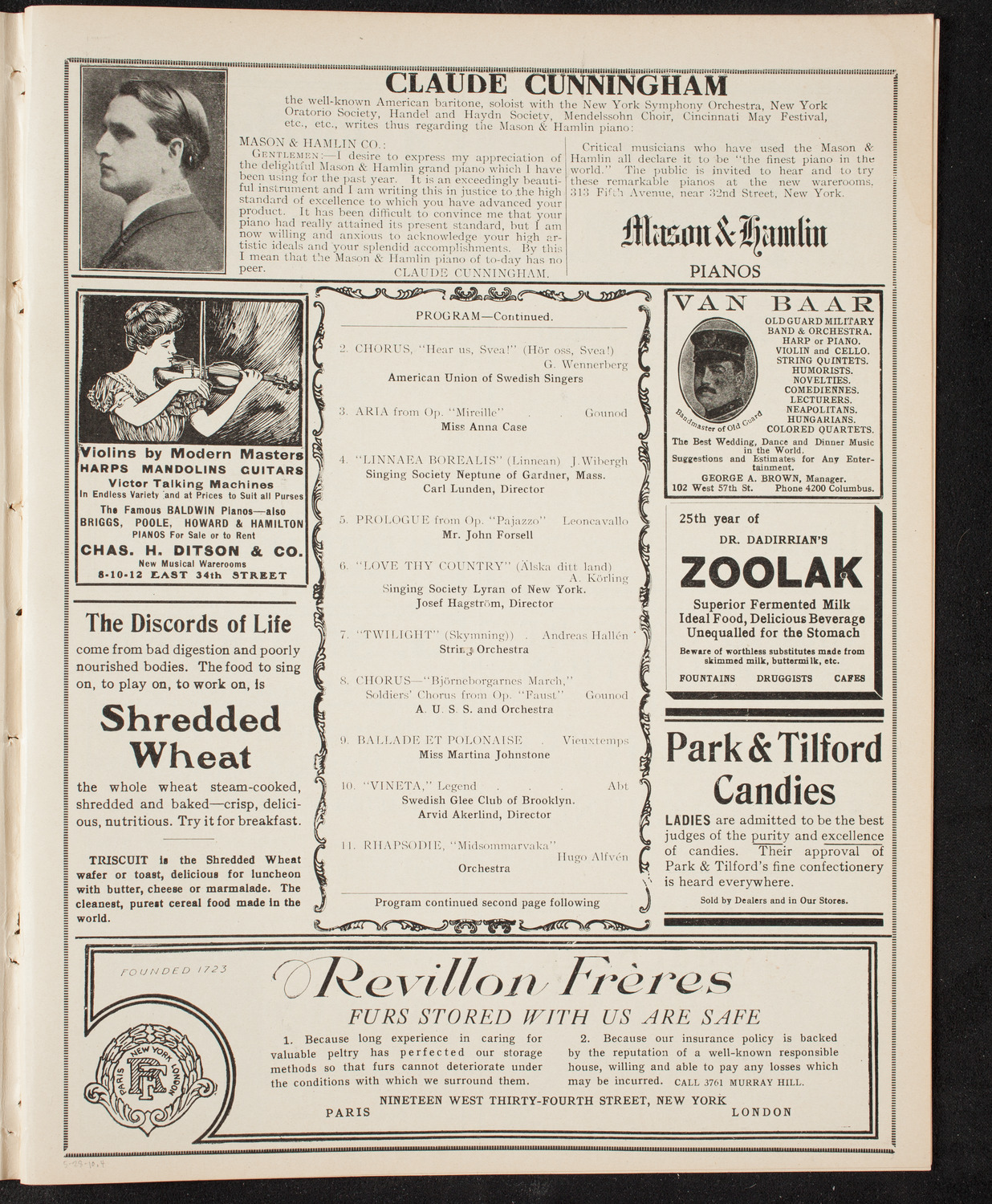 Grand Festival Concert of the American Union of Swedish Singers, May 28, 1910, program page 7