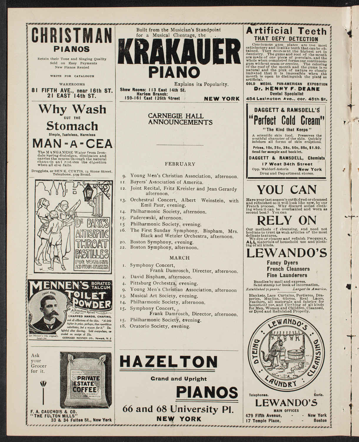 Lilli Lehmann, Johanna Gadski, Lillian Blauvelt, Sopranos, and Jan Kubelik, Violin, February 8, 1902, program page 2