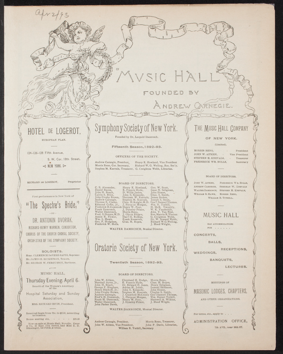Damrosch Sunday Concert, April 2, 1893, program page 1