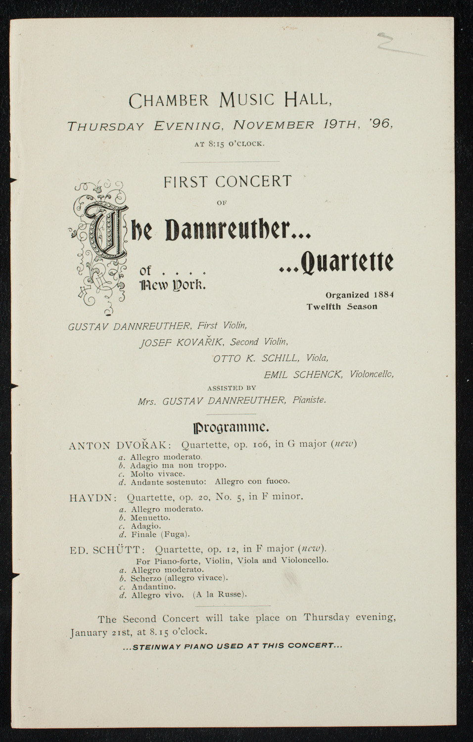 Dannreuther Quartet, November 19, 1896, program page 1