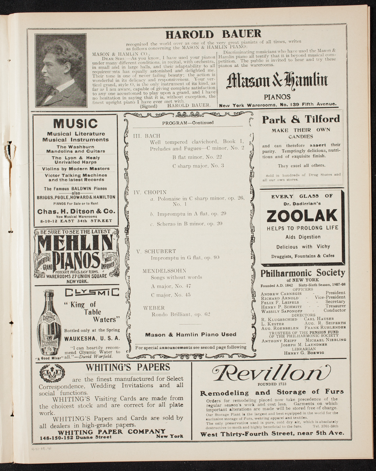 Harold Bauer, Piano, April 21, 1908, program page 7