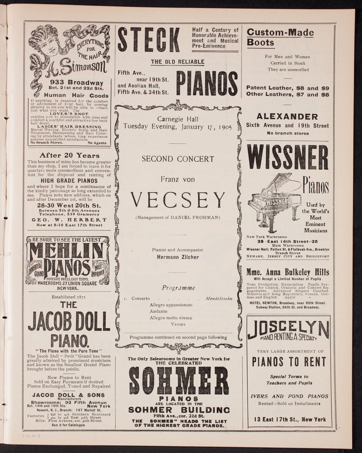 Franz von Vecsey, Violin, January 17, 1905, program page 5