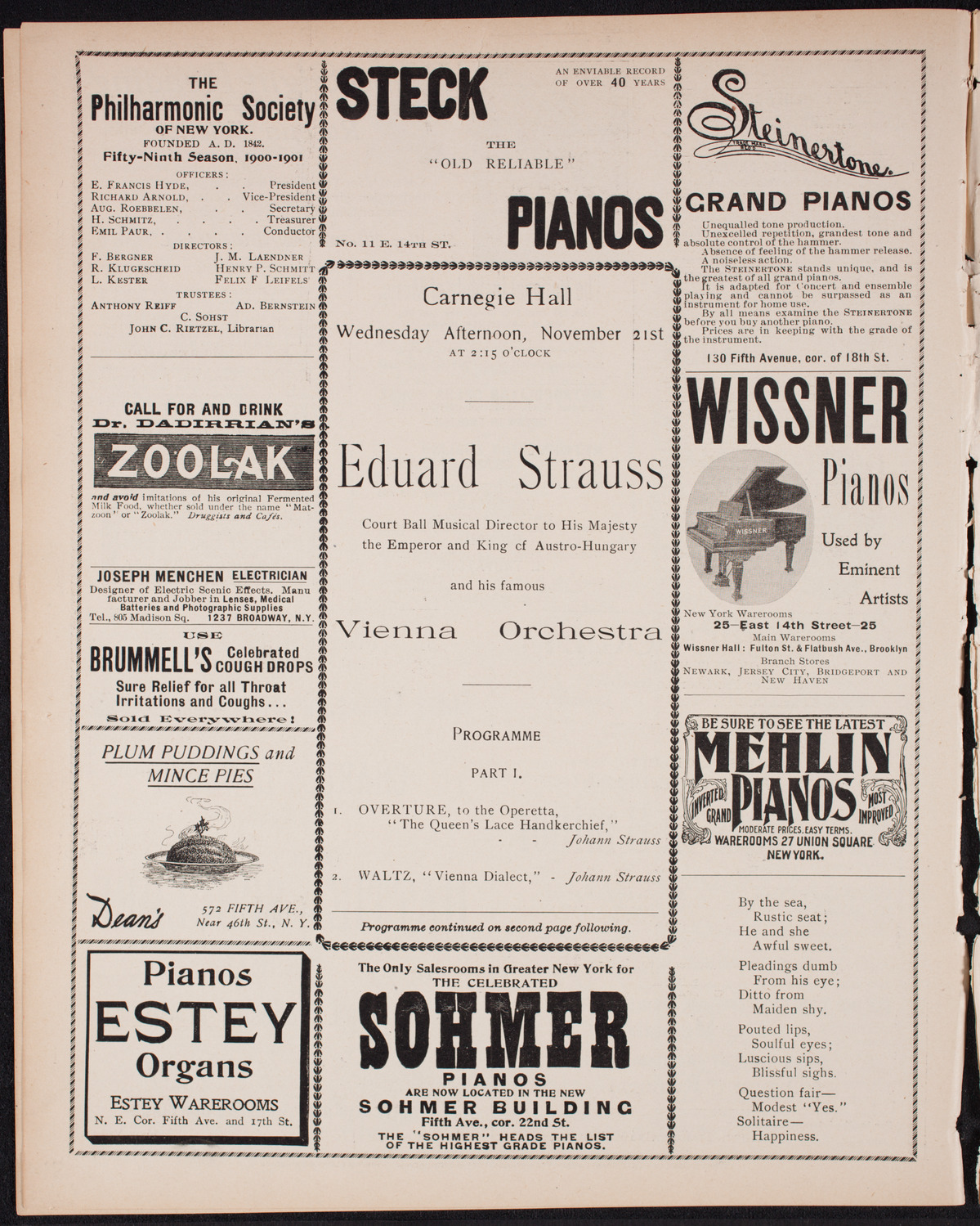 Eduard Strauss and His Vienna Orchestra, November 21, 1900, program page 4