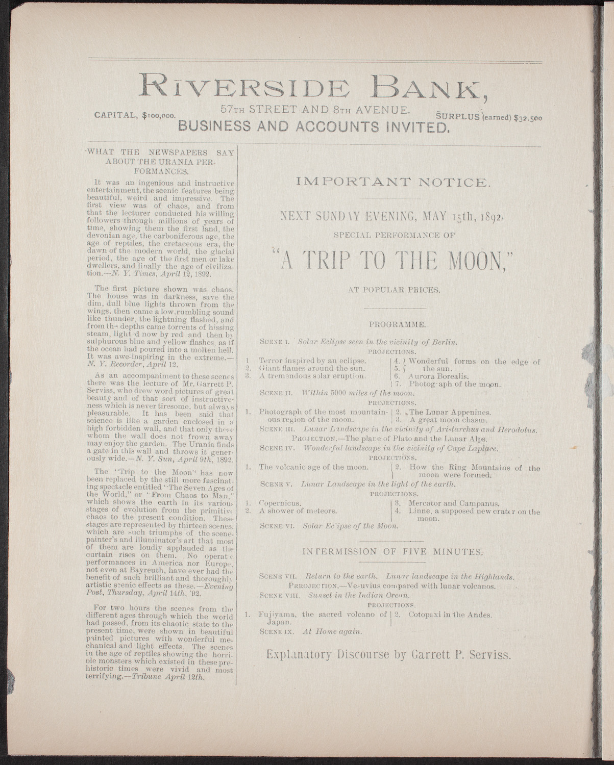 Urania Scientific Theatre, May 9, 1892, program page 2
