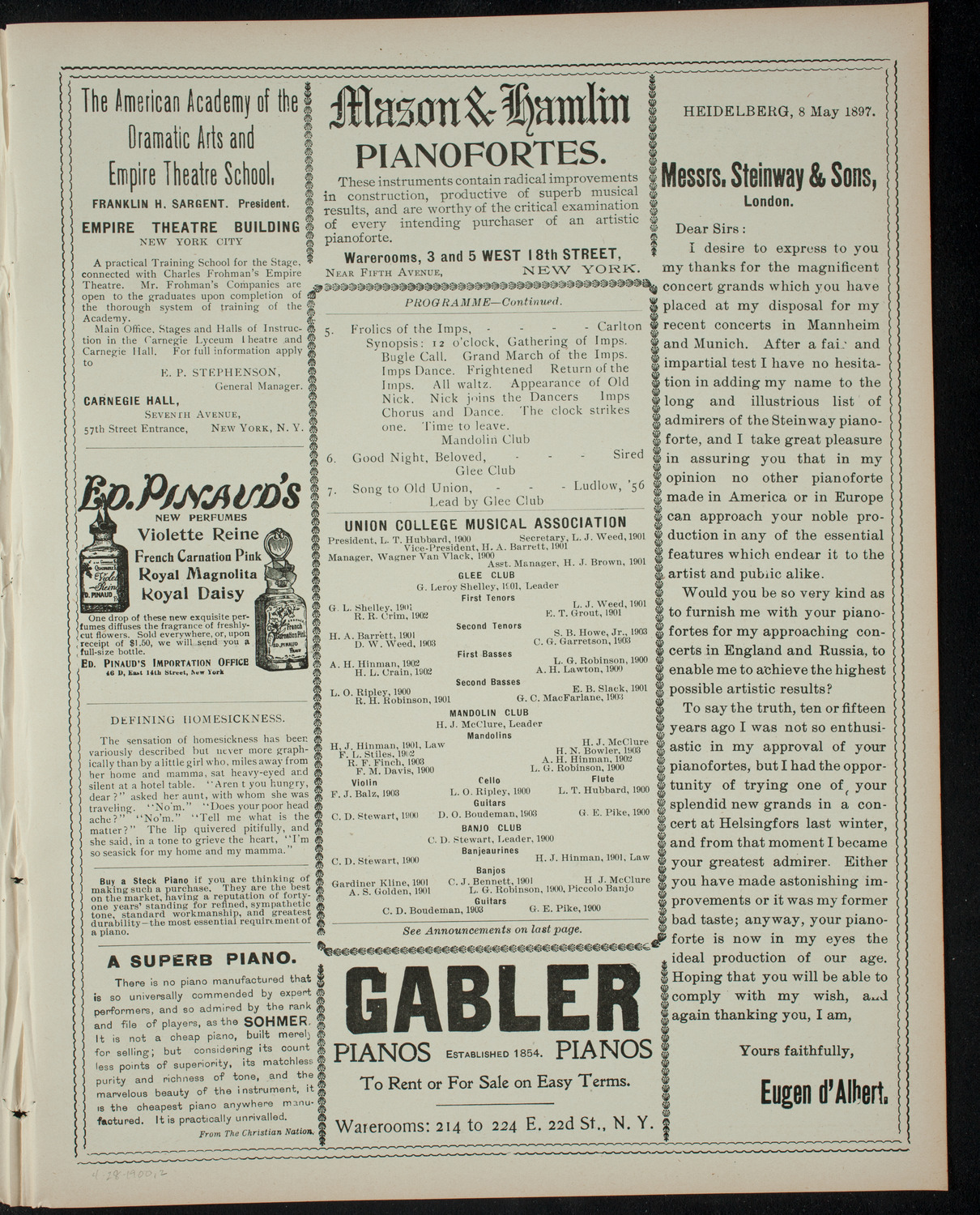 Concert by the Union College Musical Association, April 28, 1900, program page 3