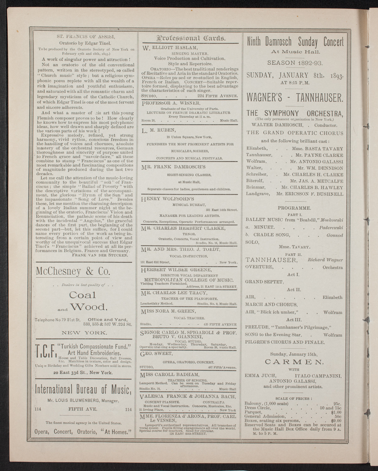 Oratorio Society of New York, January 4, 1893, program page 2