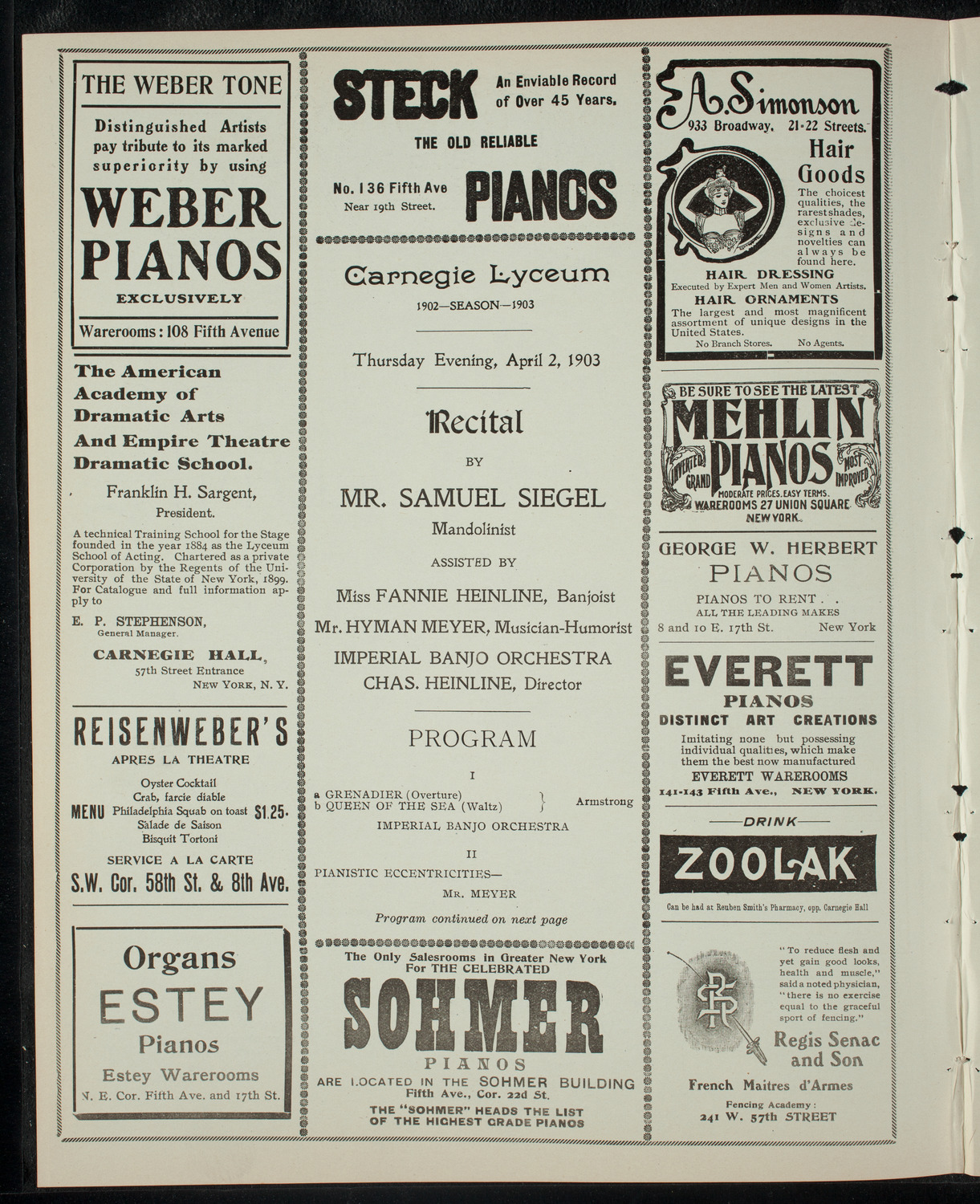 Samuel Siegel and Others, April 2, 1903, program page 2