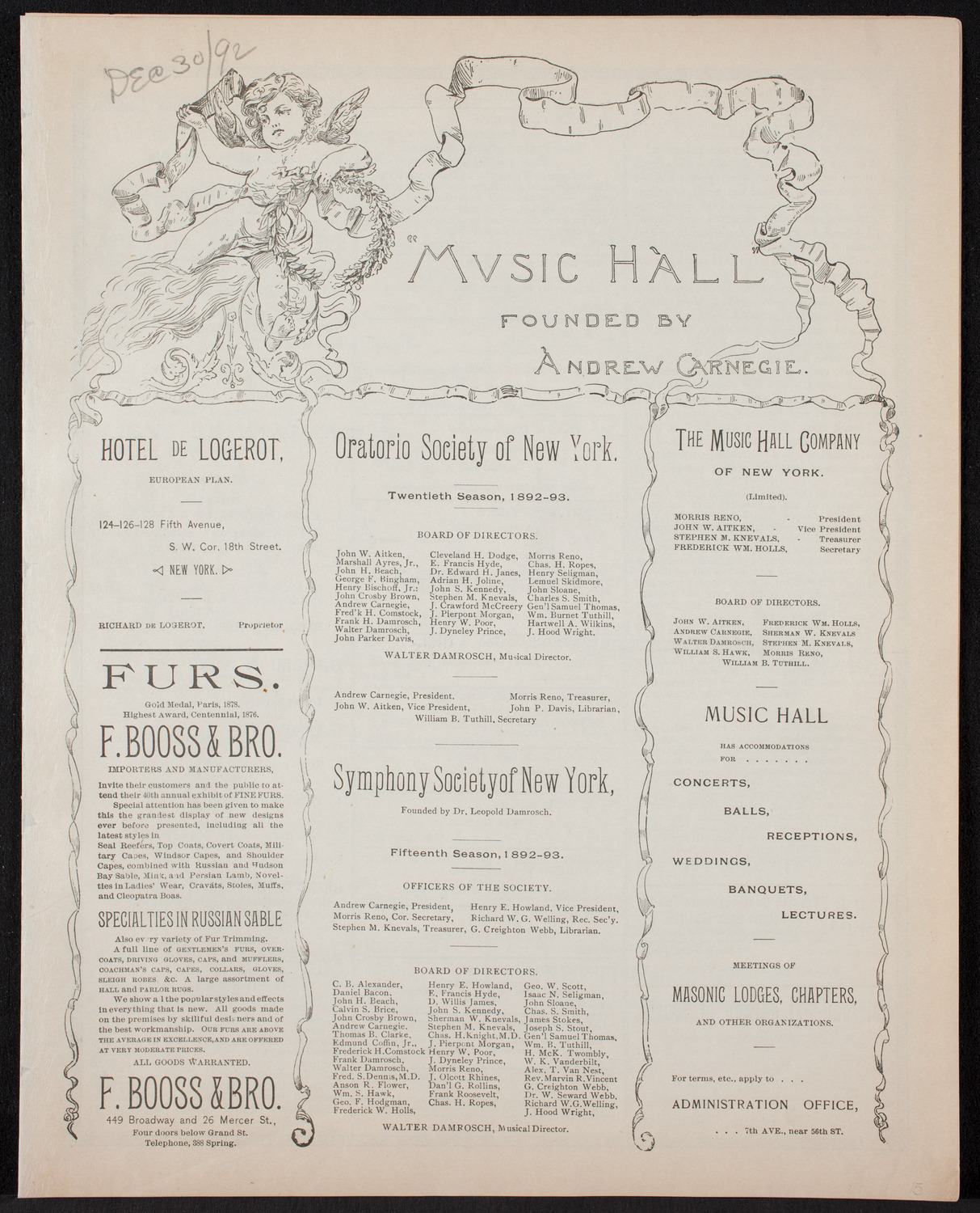 Oratorio Society of New York, December 30, 1892, program page 1