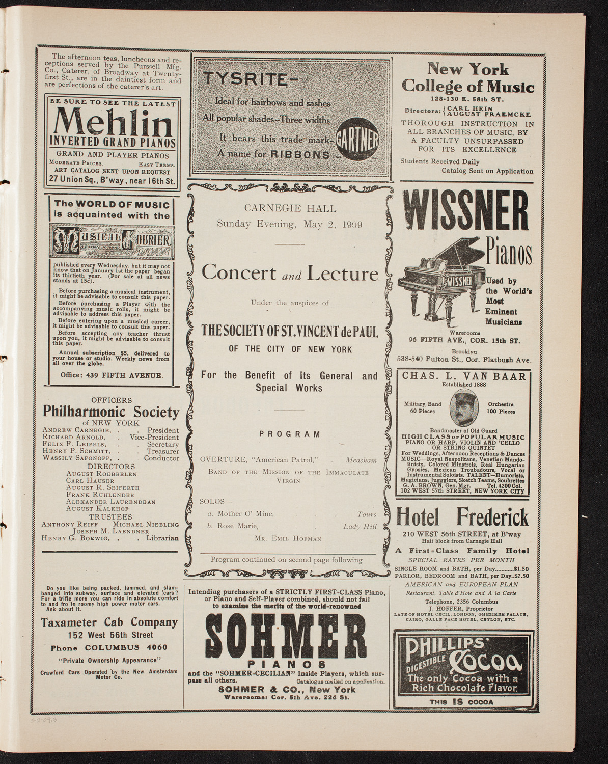 Benefit: Society of St. Vincent de Paul, May 2, 1909, program page 5