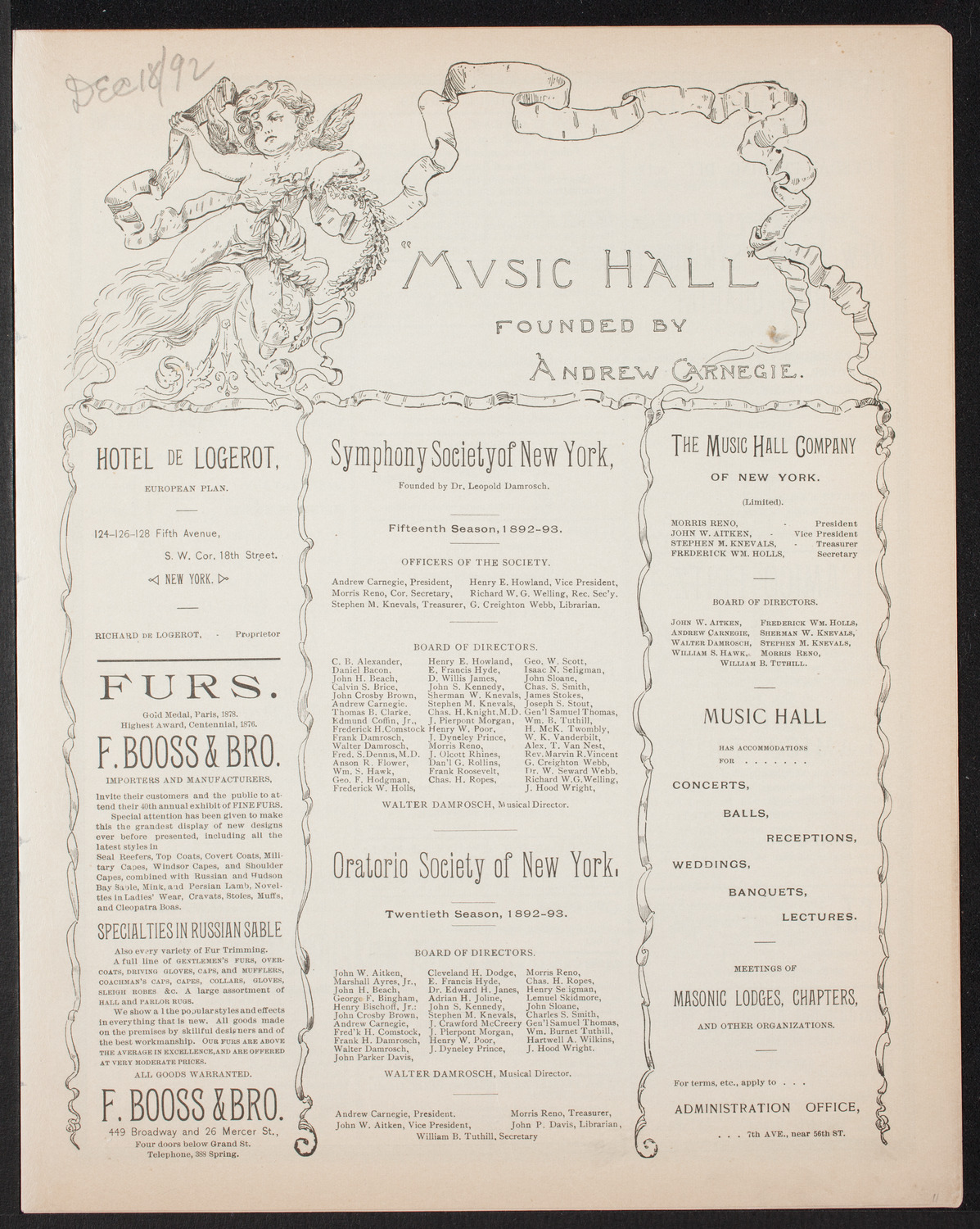 Damrosch Sunday Concert, December 18, 1892, program page 1