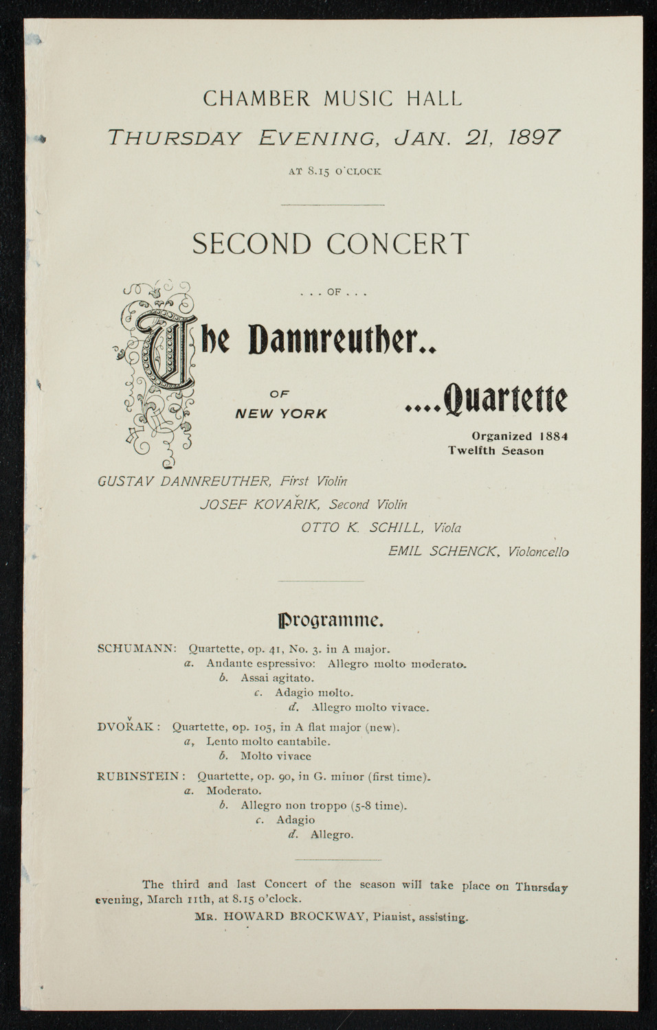 Dannreuther Quartette, January 21, 1897, program page 1