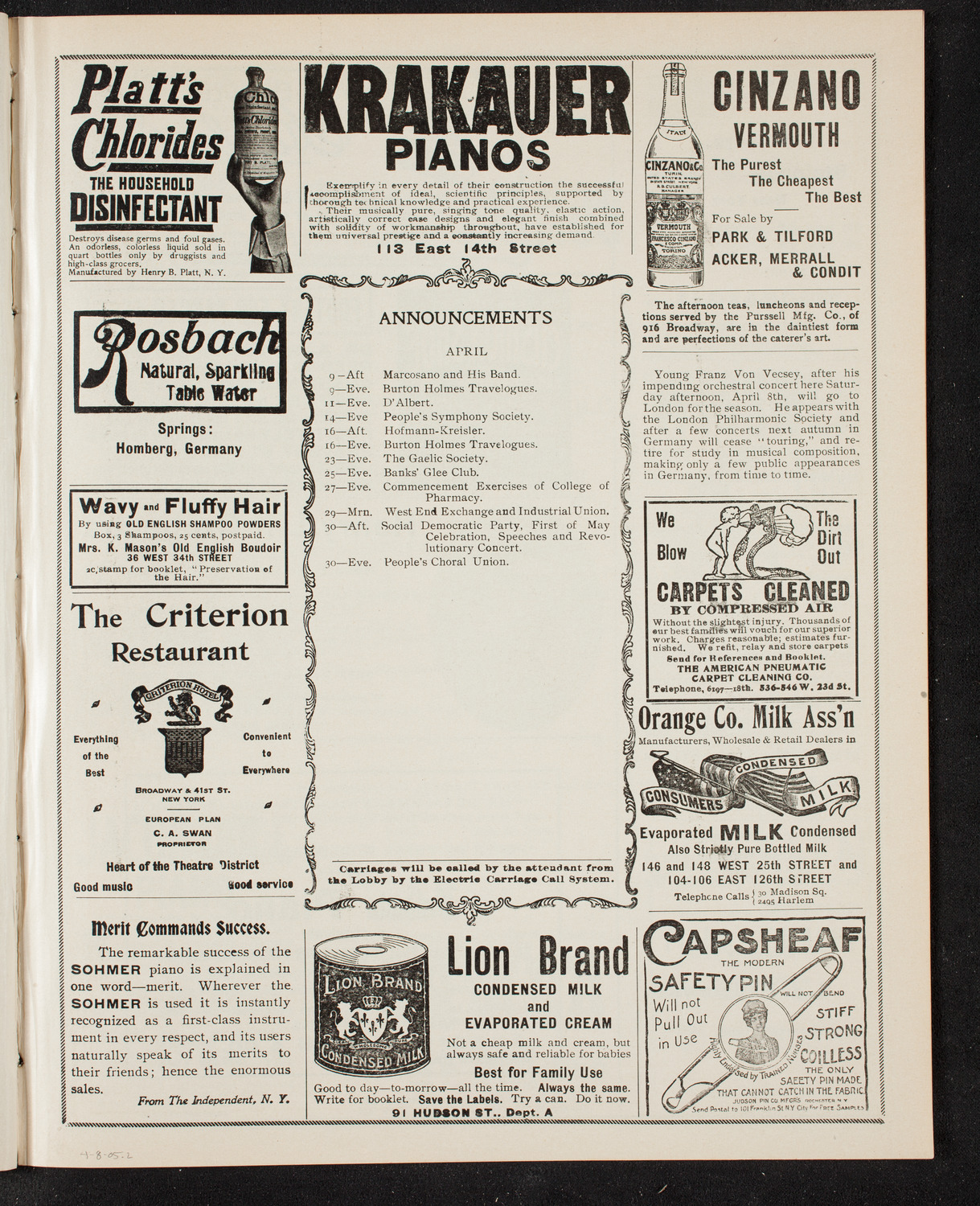 Franz von Vecsey, Violin, with the New York Symphony Orchestra, April 8, 1905, program page 3