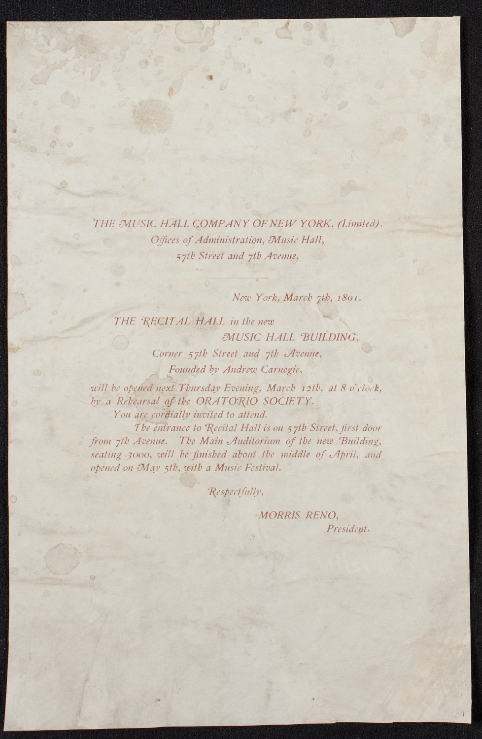 Rehearsal: Oratorio Society of New York, March 12, 1891, program page 1