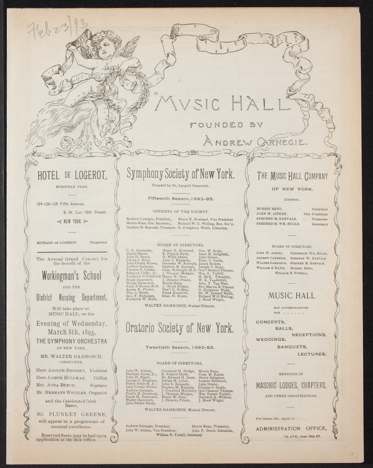 Second Grand Wagner Concert, February 23, 1893, program page 1