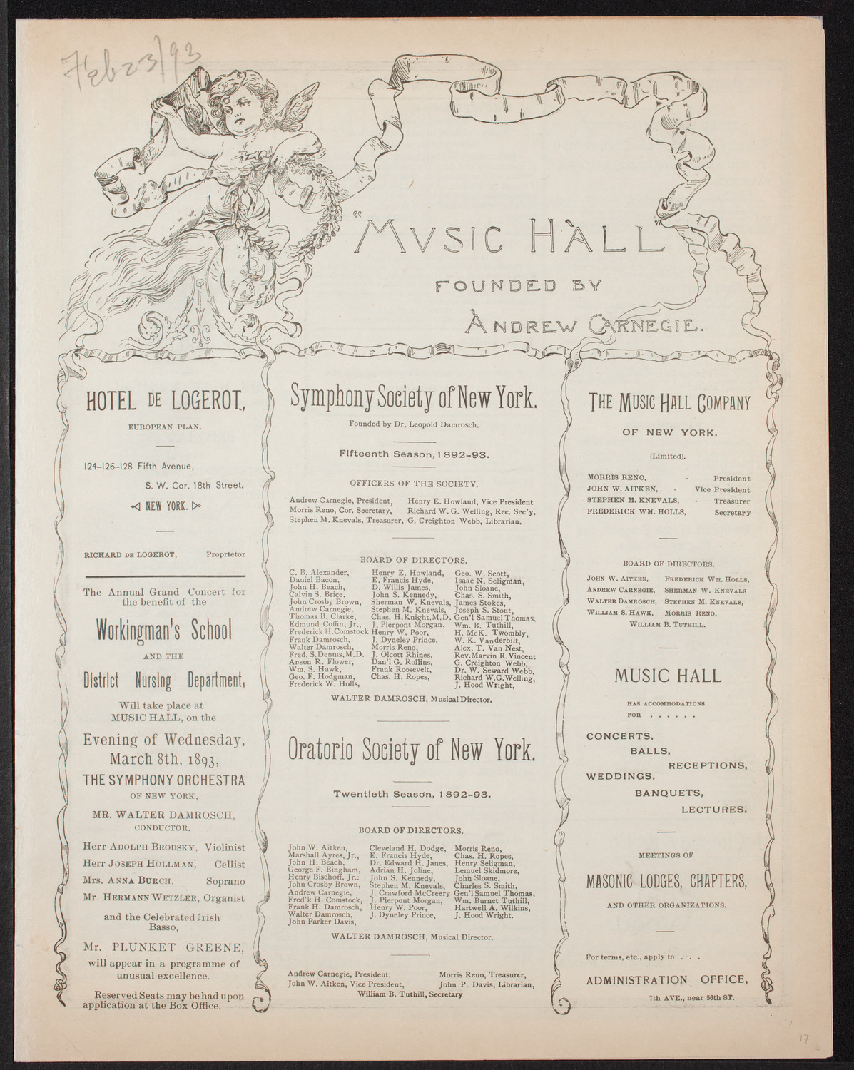 Second Grand Wagner Concert, February 23, 1893, program page 1