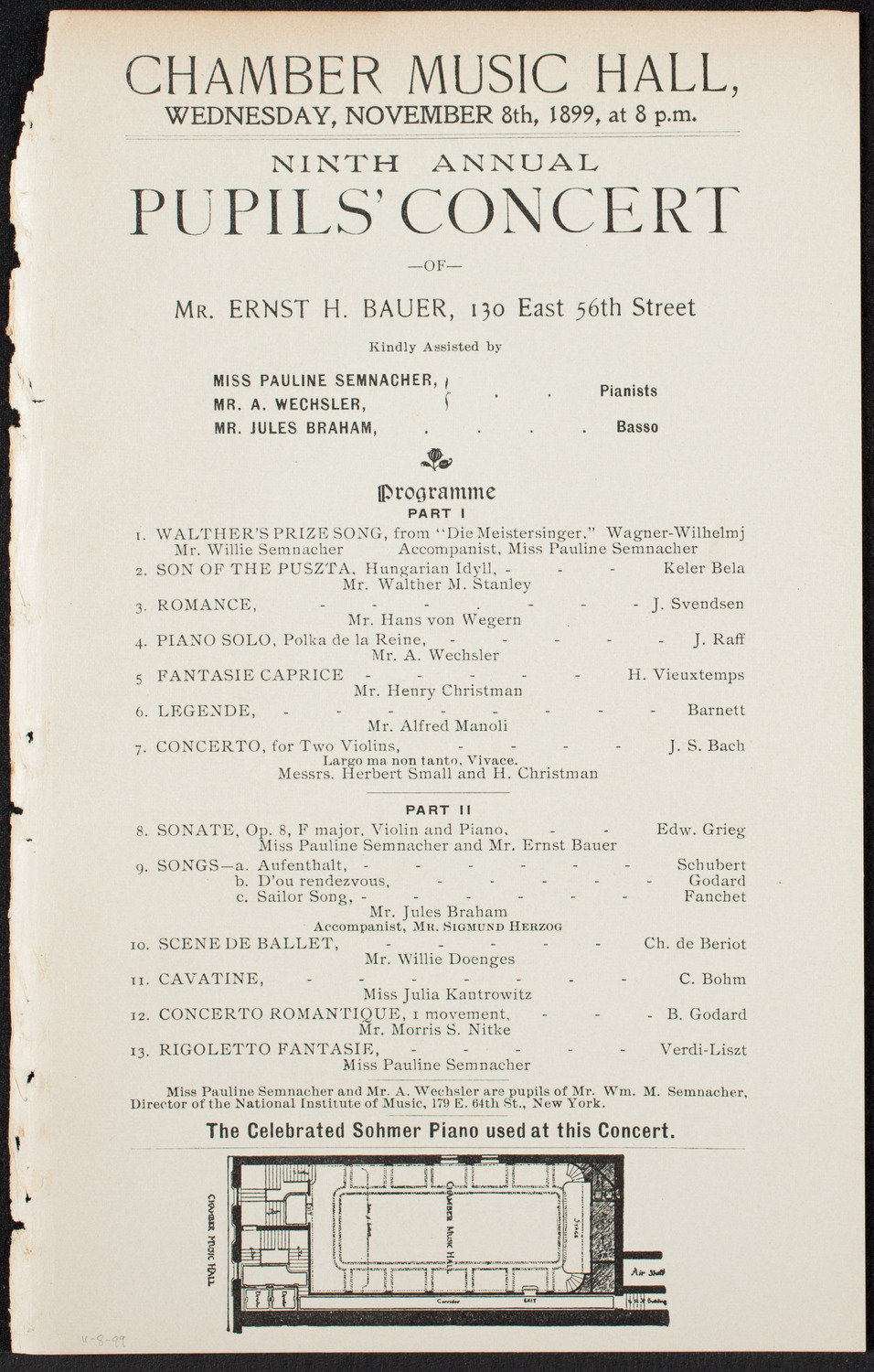 Students of Ernst H. Bauer, November 8, 1899, program page 1