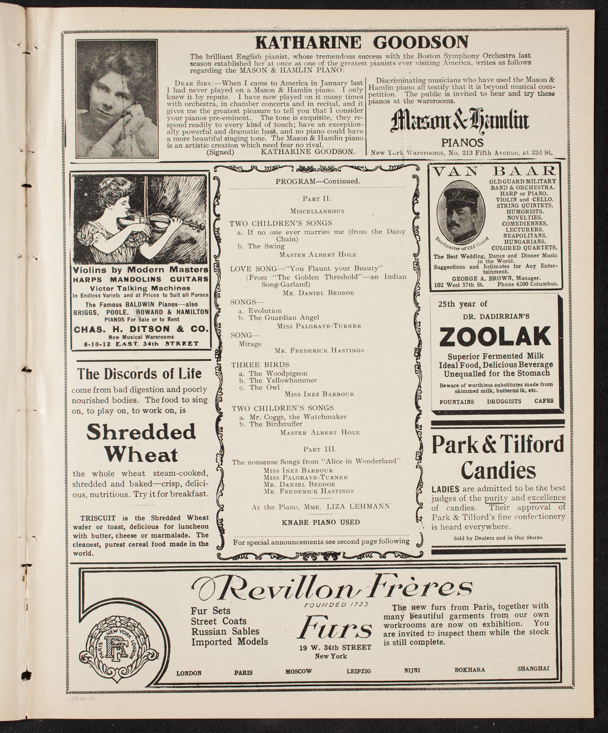 Liza Lehmann, Composer and Pianist, January 28, 1910, program page 7