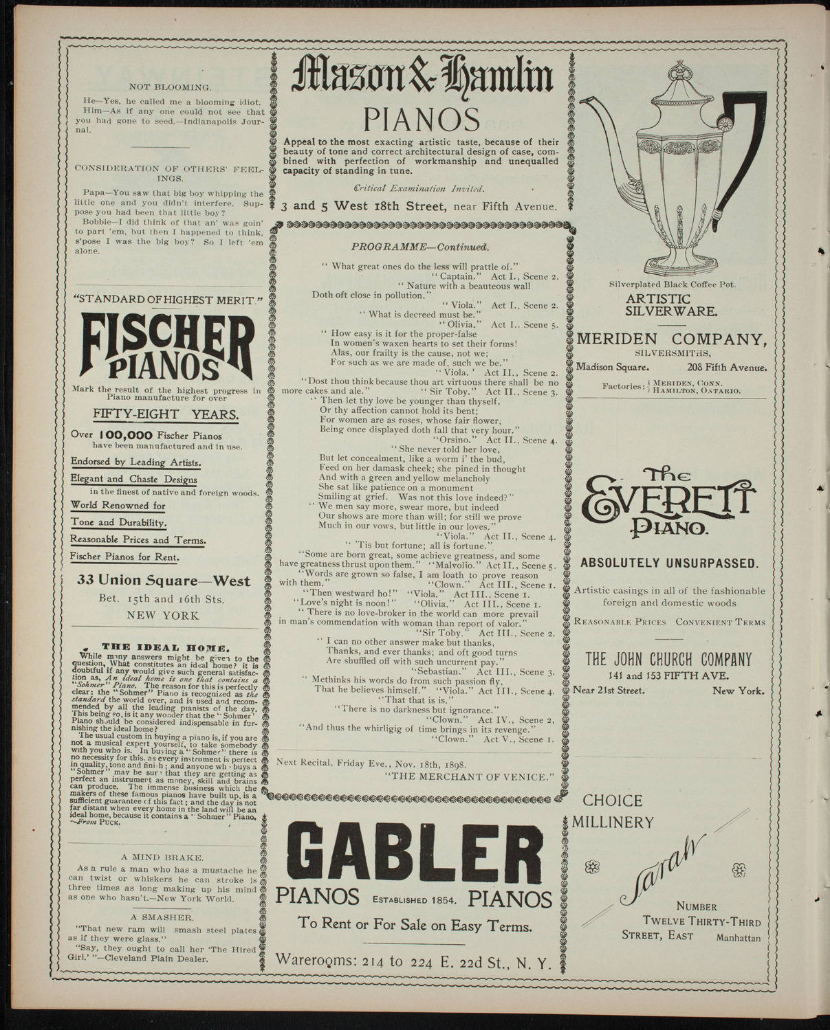 Shakespeare Recital by Marshall Darrach, November 11, 1898, program page 6