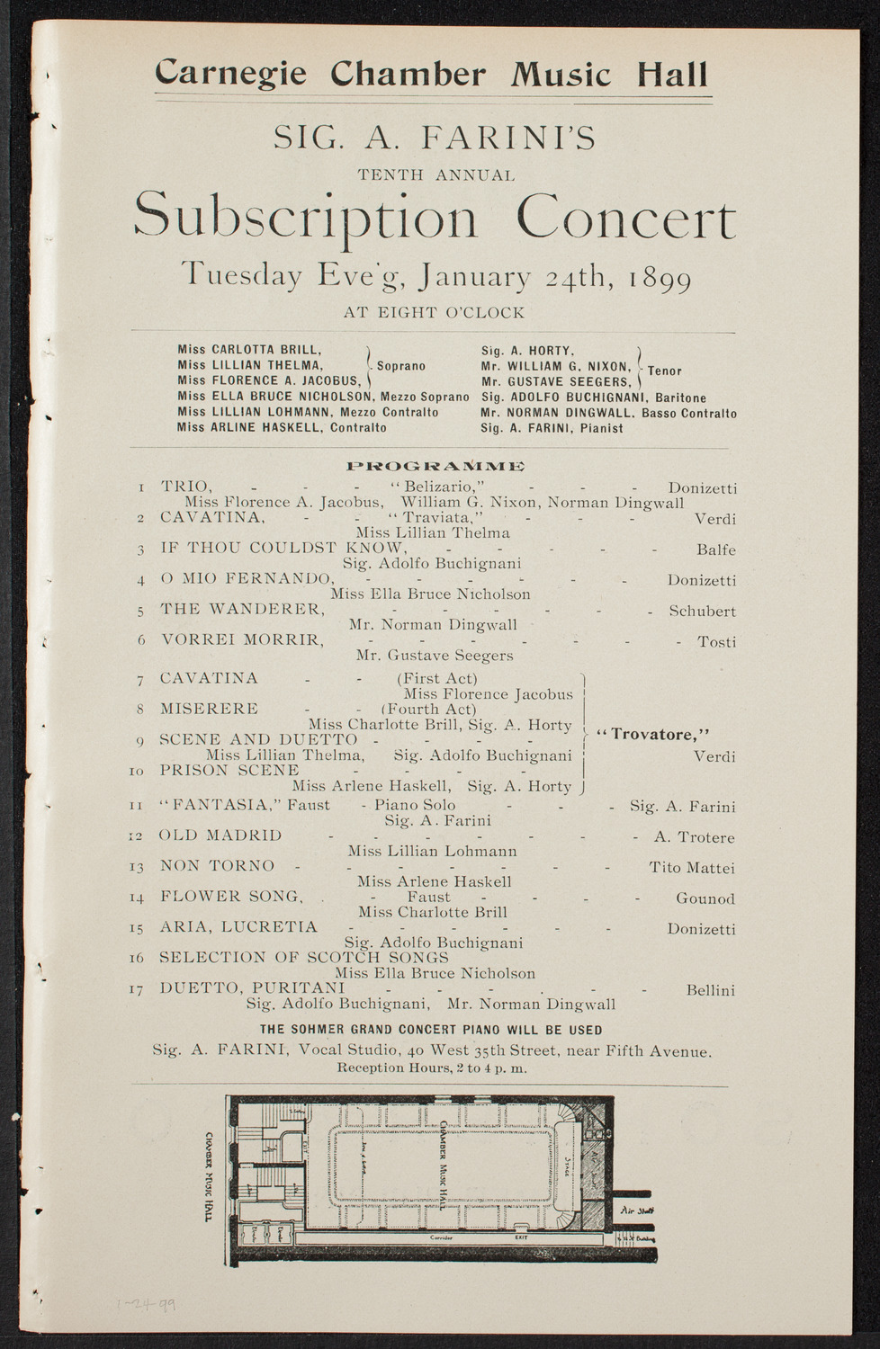 Sig. A. Farini's Tenth Annual Subscription Concert, January 24, 1899, program page 1