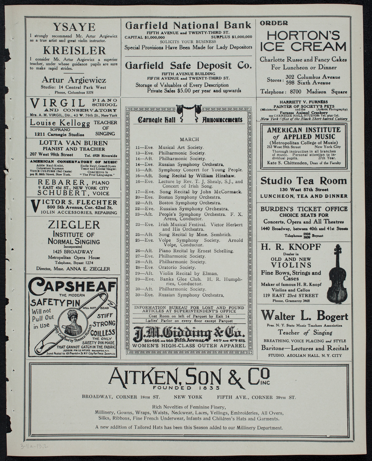 Edmond Clement, Tenor, March 11, 1913, program page 3