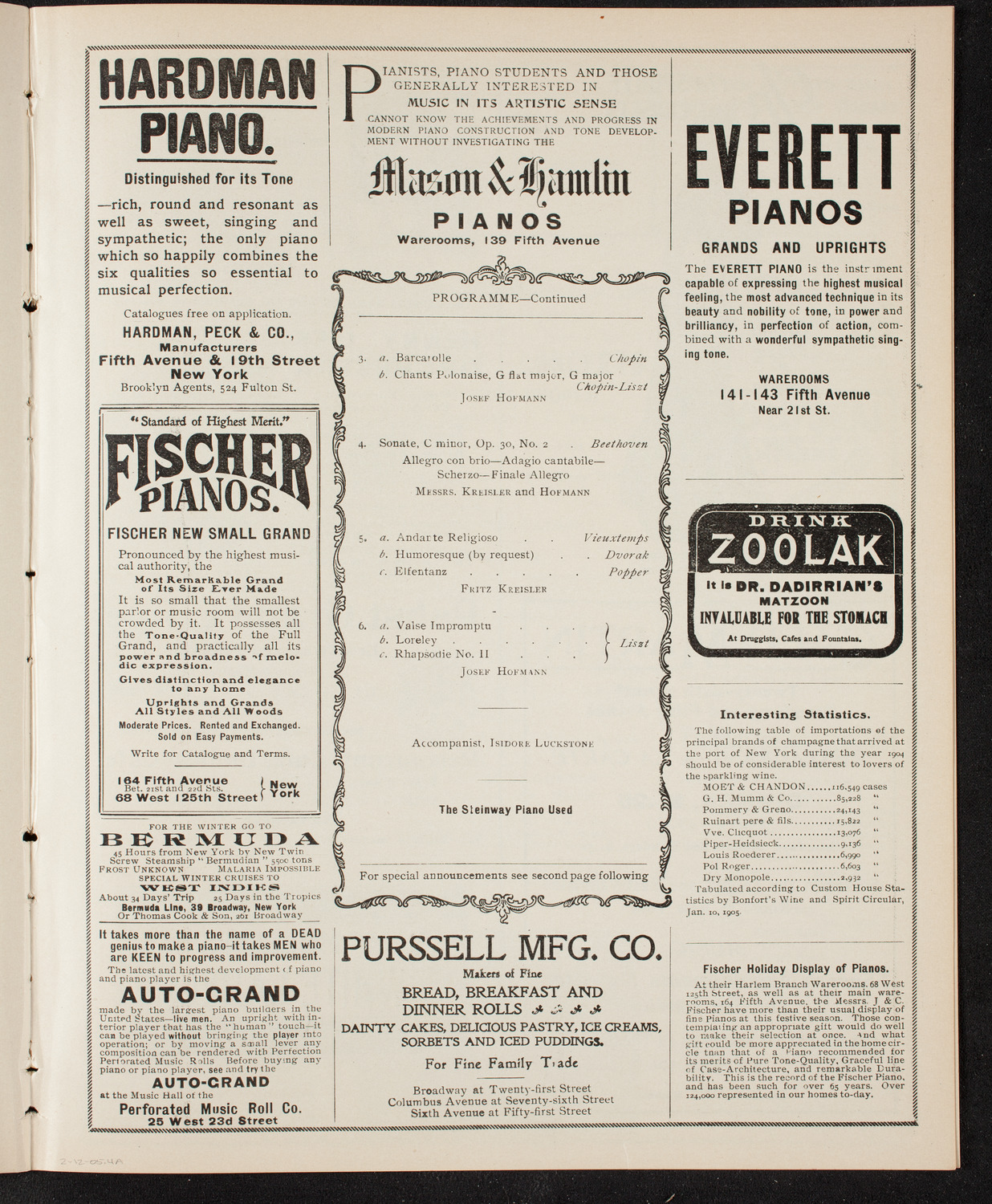 Josef Hofmann, Piano, and Fritz Kreisler, Violin, February 12, 1905, program page 7