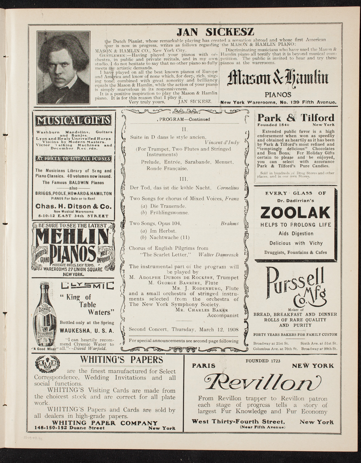 Musical Art Society of New York, December 19, 1907, program page 7