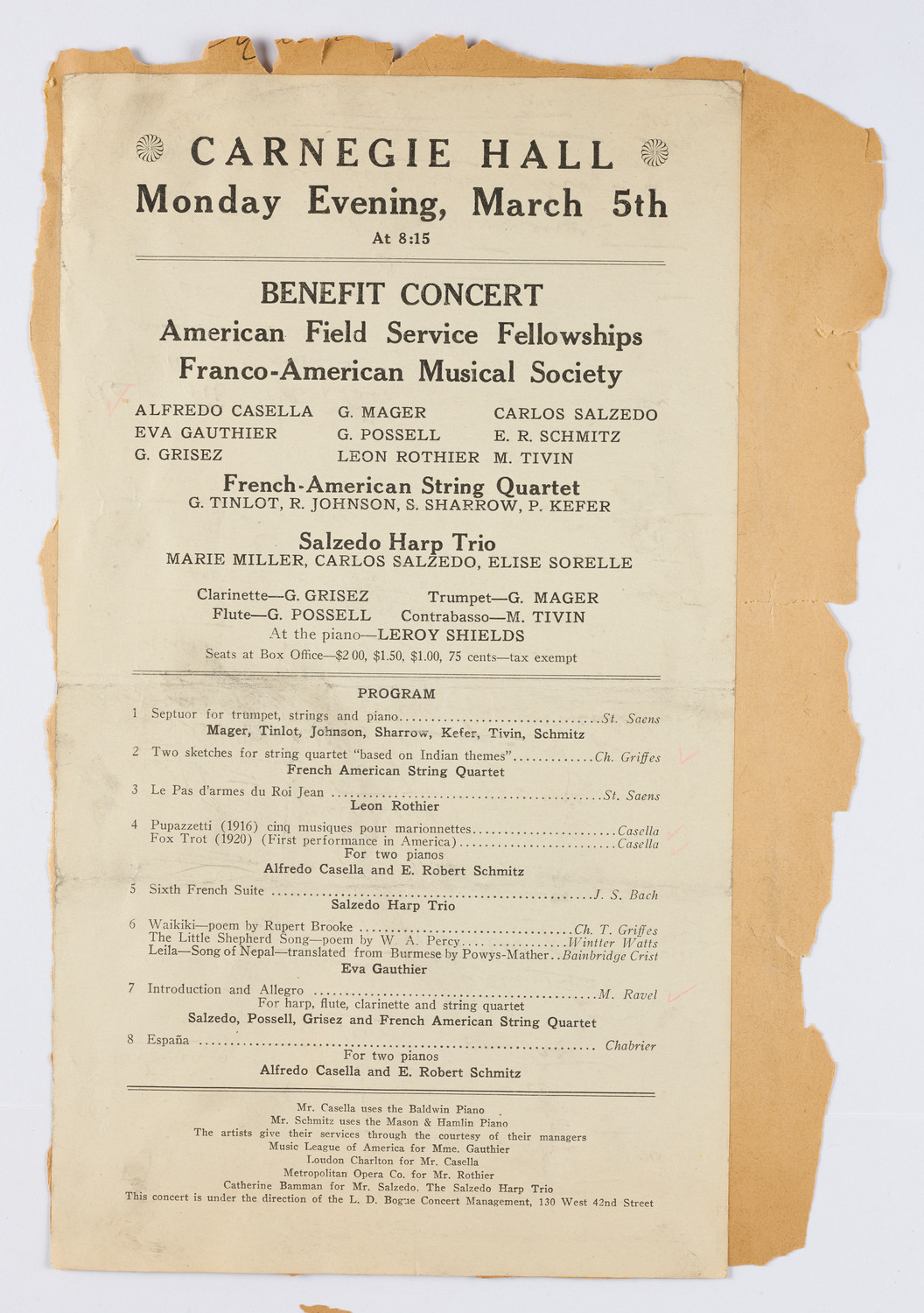 Benefit: American Field Service Fellowships, Franco-American Musical Society, March 5, 1923