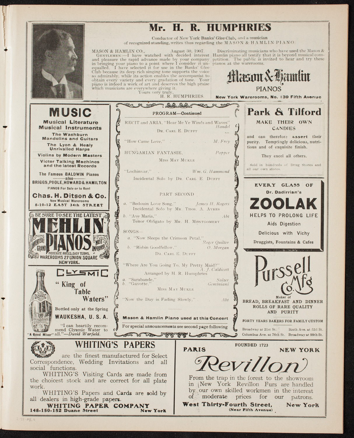 New York Banks' Glee Club, February 27, 1908, program page 7