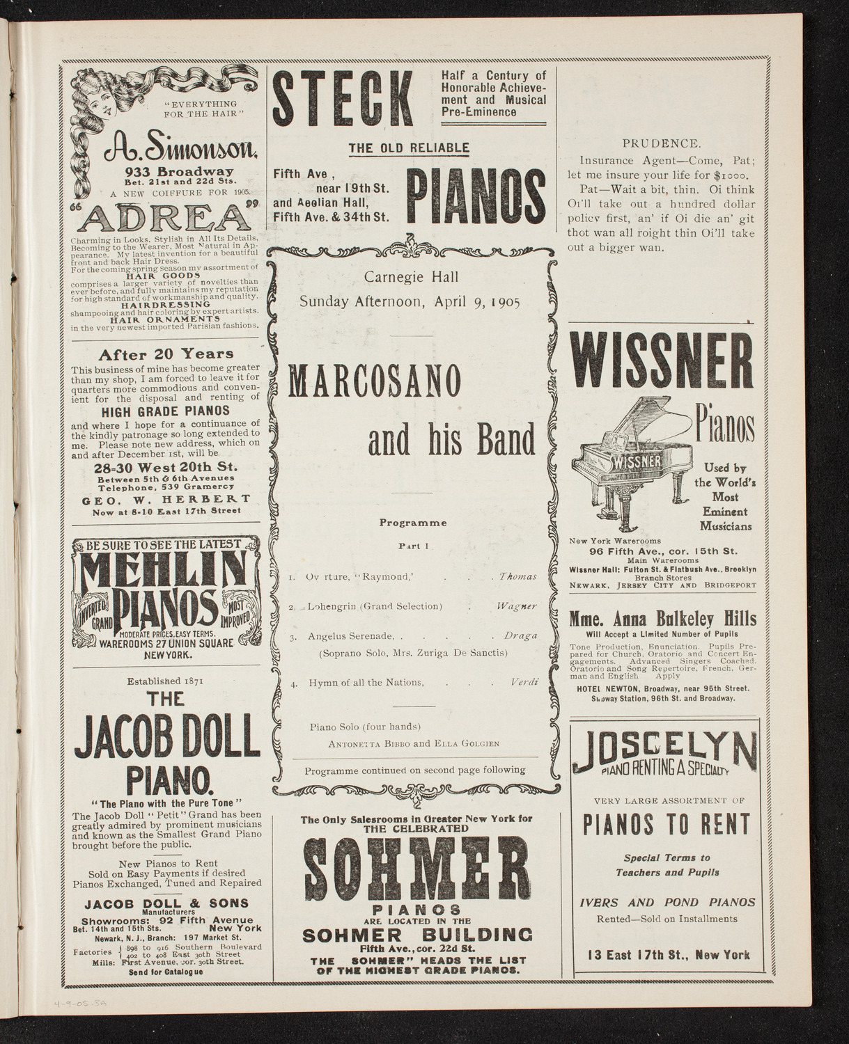 Marcosano and His Band, April 9, 1905, program page 5