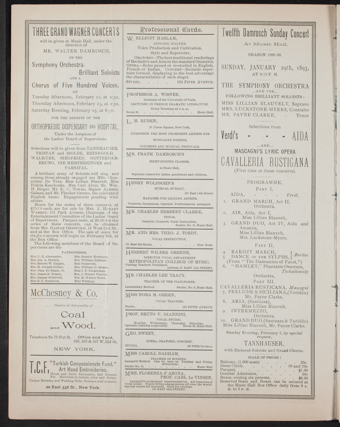 Damrosch Sunday Concert, January 22, 1893, program page 2
