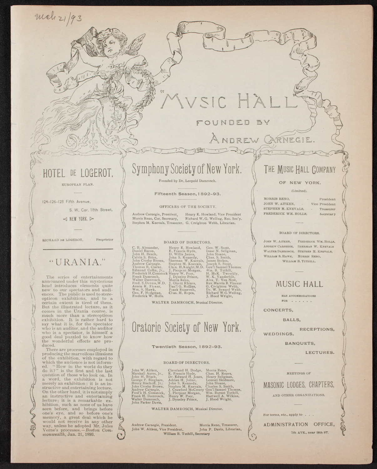 Nordica Operatic Concert Company, March 21, 1893, program page 1