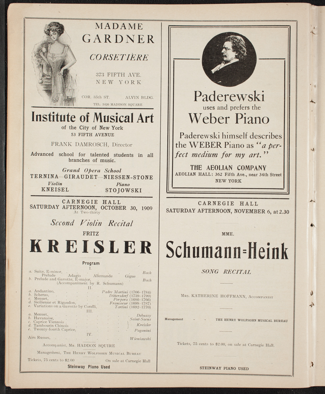 Fritz Kreisler, Violin, October 23, 1909, program page 6