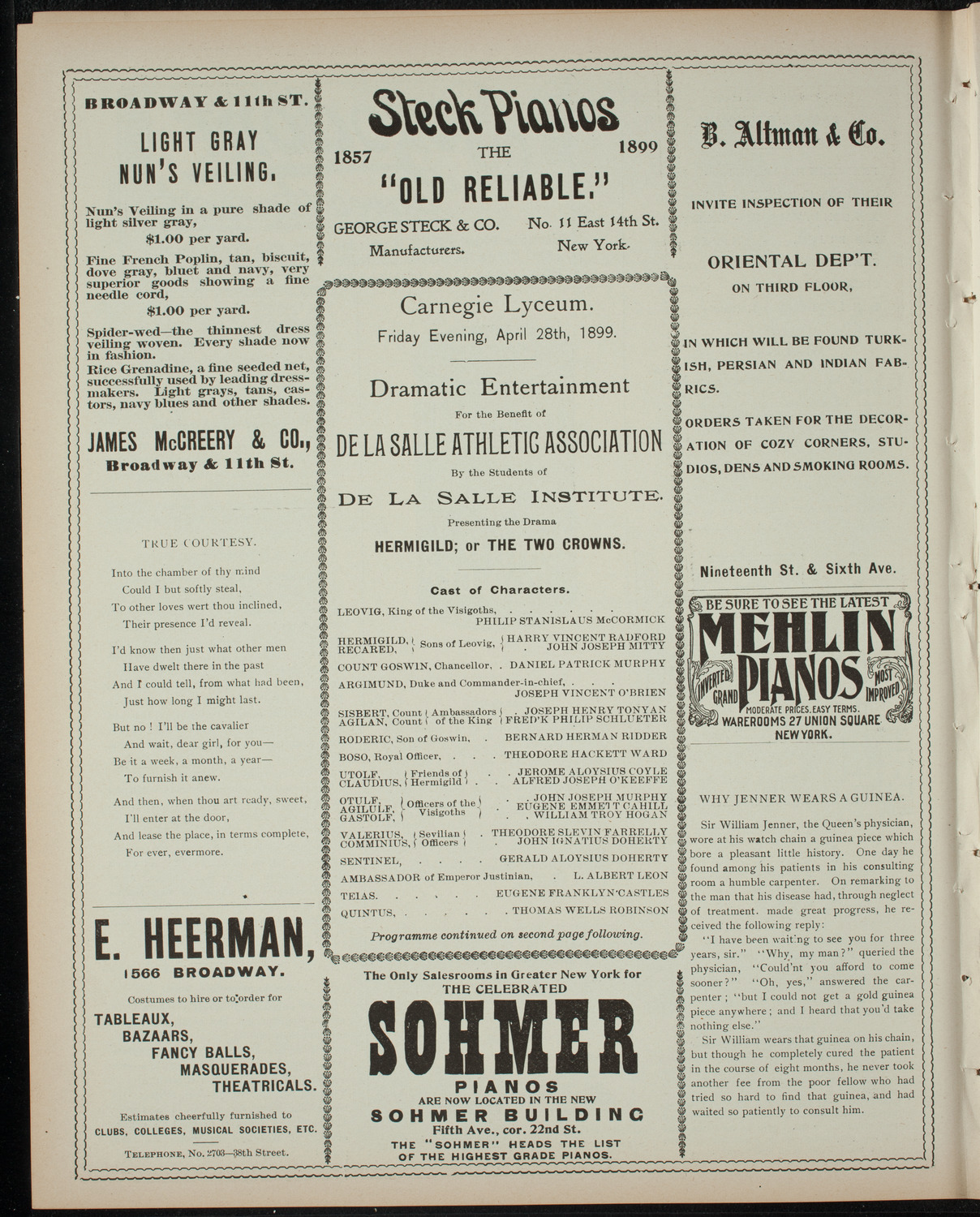 De La Salle Institute Student Drama Presentation, April 28, 1899, program page 4