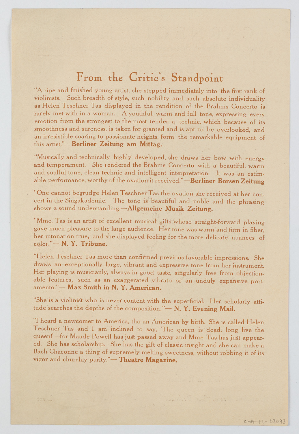 Helen Teschner Tas with the National Symphony Orchestra, February 17, 1921
