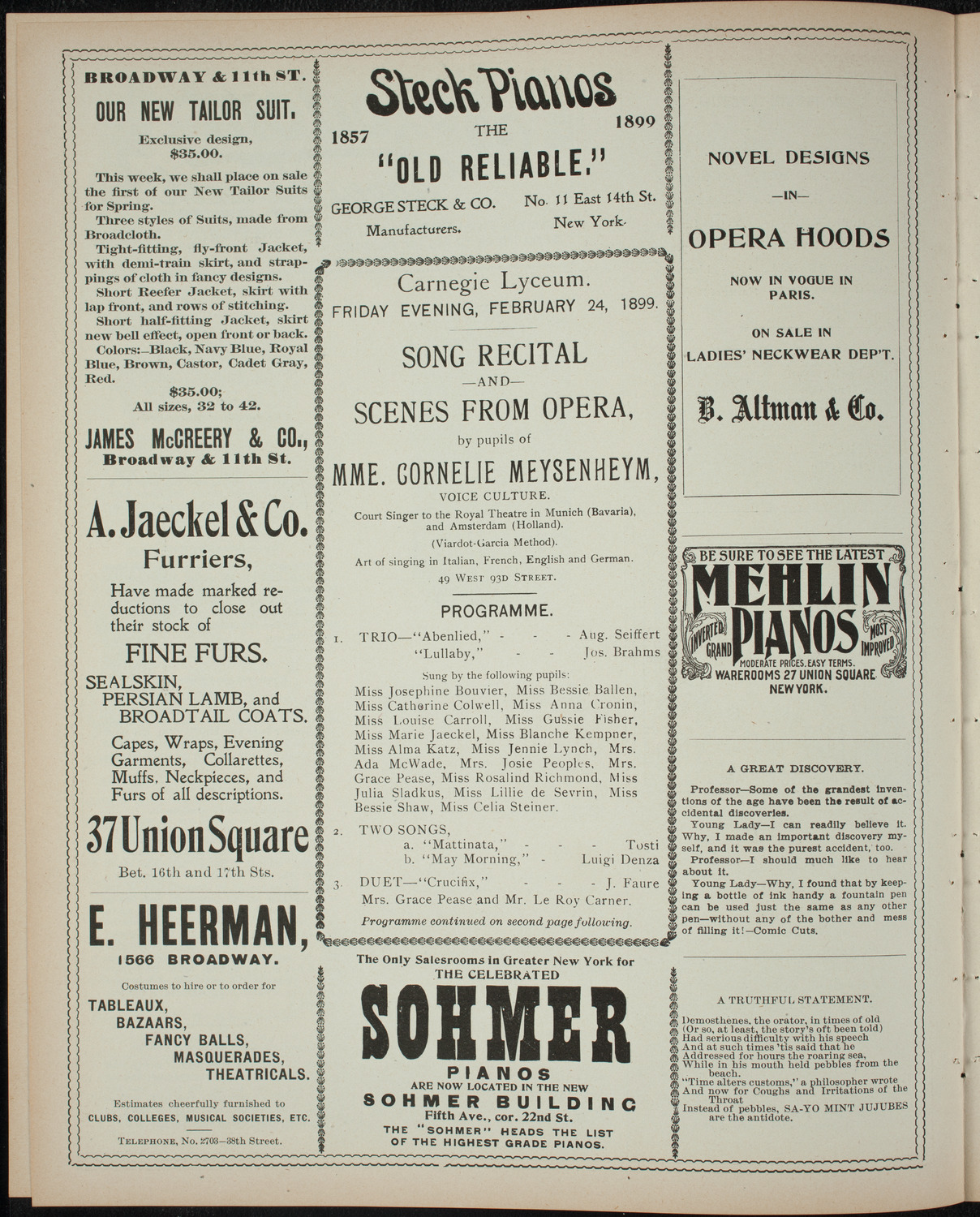 Students of Mme. Cornelie Meysenheym, February 24, 1899, program page 4