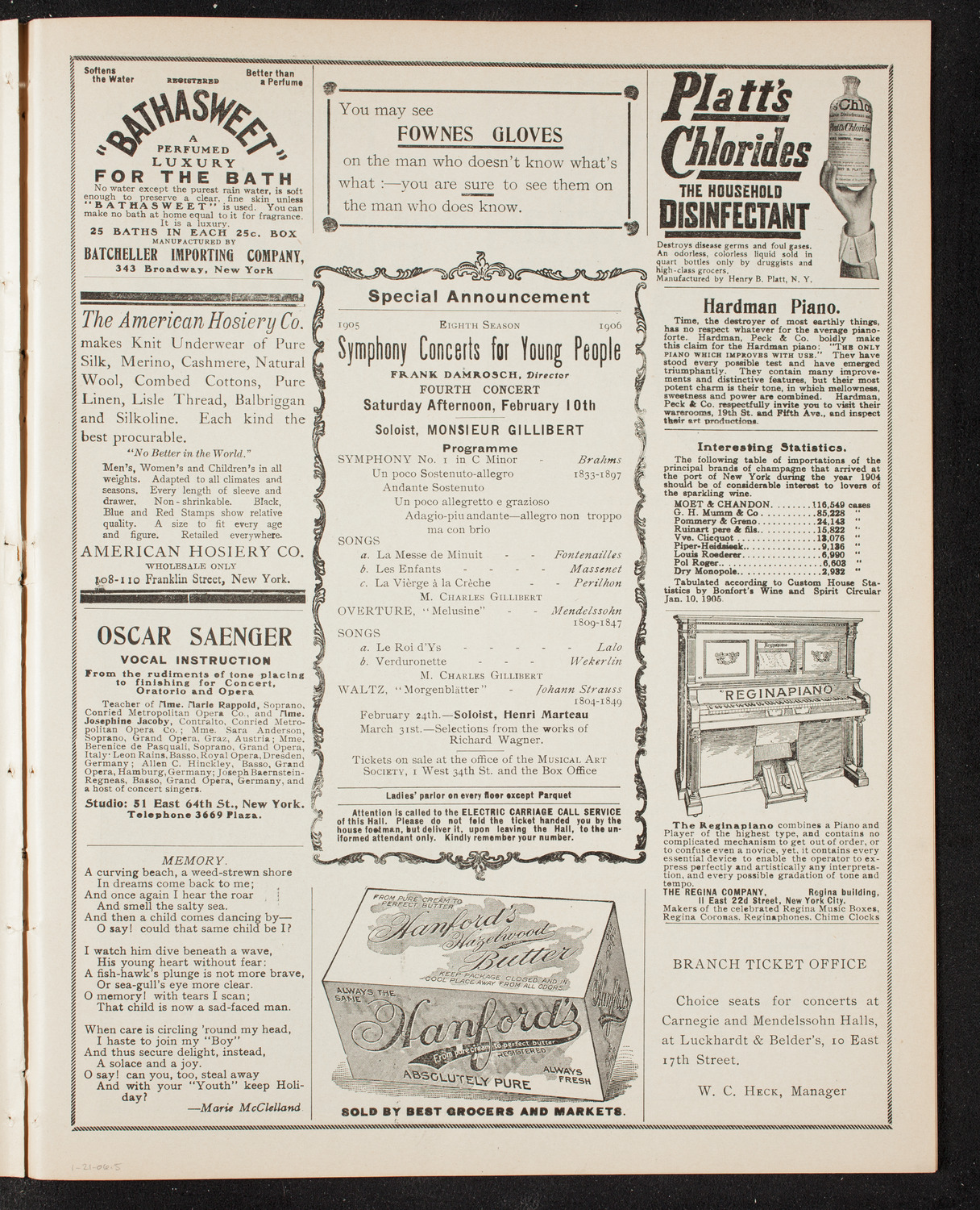 Raoul Pugno, Joseph Hollman and Marie Hall, January 21, 1906, program page 9