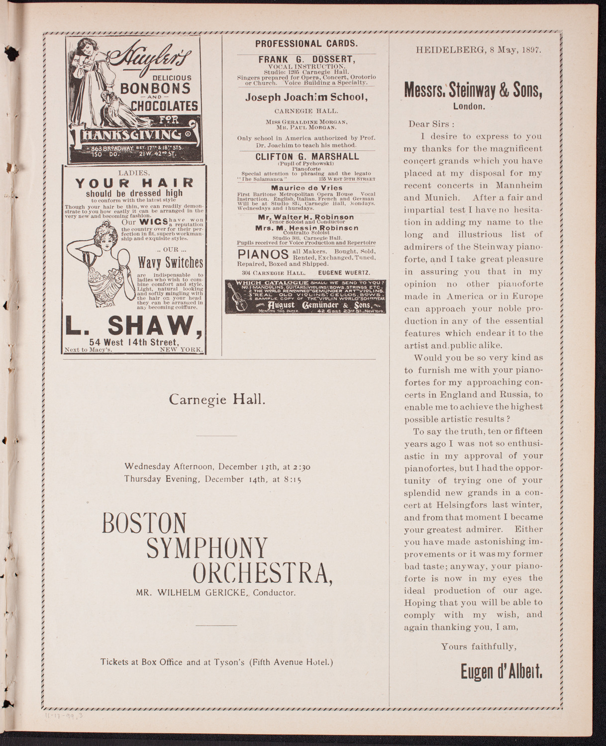 New York Philharmonic, November 17, 1899, program page 5