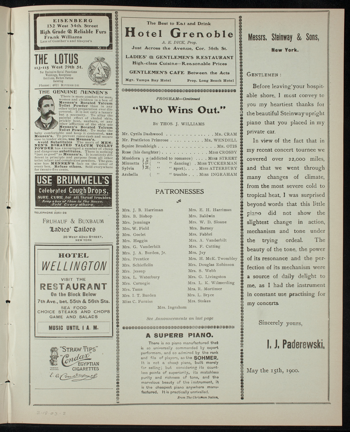 Third Annual Entertainment of the Junior League for the College Settlement, February 18, 1903, program page 3